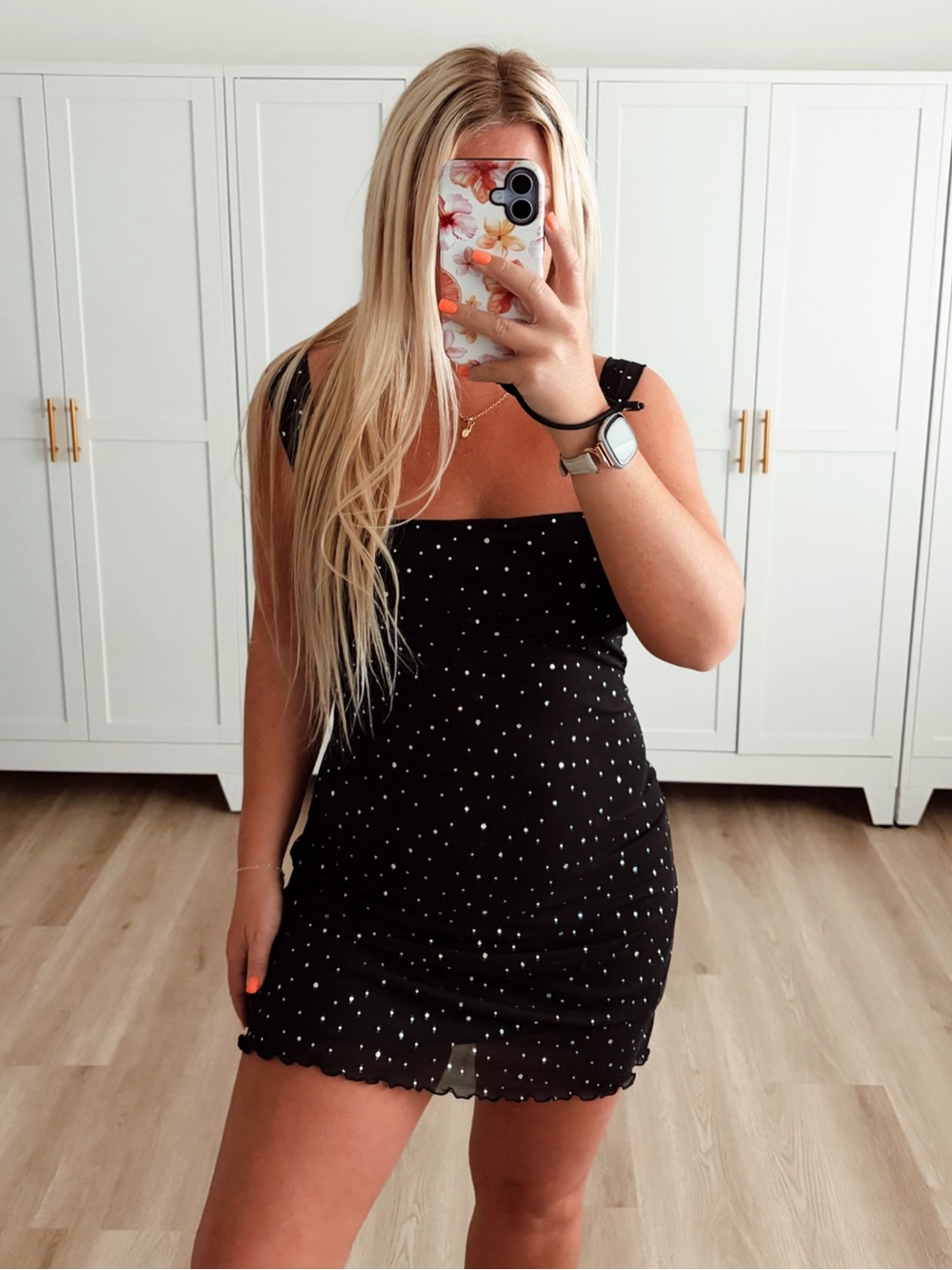 Black Polka Rhinestone Dot Square-Neck Mini Dress